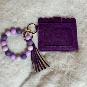 Wristlet Wallet Beaded Bracelet Keychain Card Purse Tassel Bangle Ring Purple